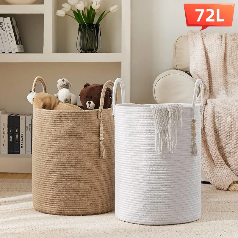 

38x50cm 72L Large Woven Laundry Basket, Portable Dirty Clothes Hamper Sundry Toy Diaper Storage Organizer for Bathroom Bedroom