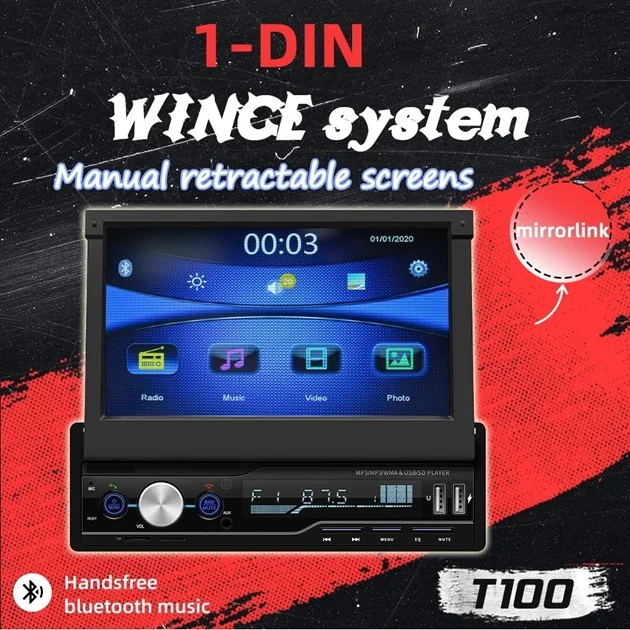 HENMALL Car Multimedia MP5 Player T100 1 DIN 7 INCH  Manual Retractable Link AM FM USB TF Aux Touch Screen Stereo System