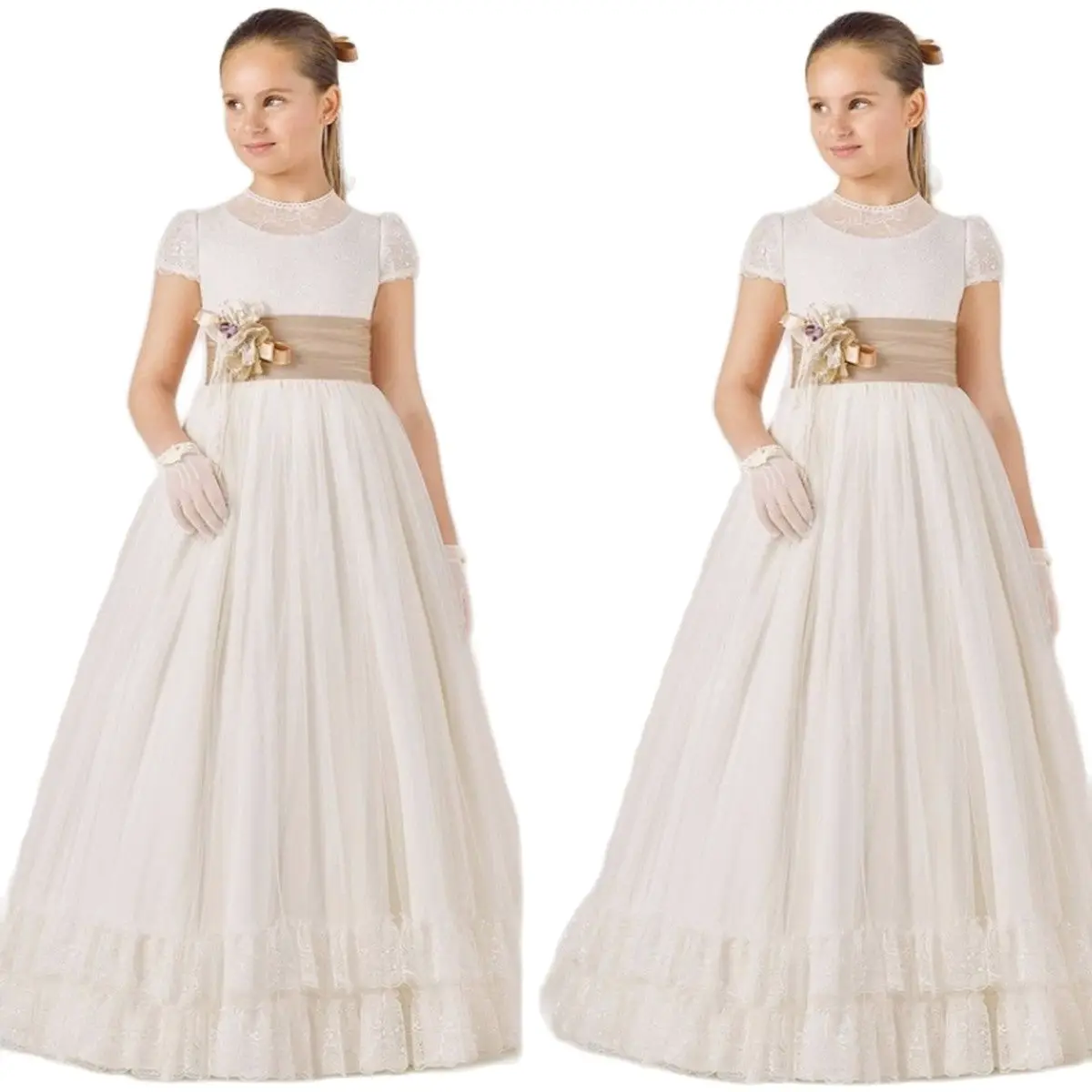 

Boho Cap Sleeve Flower Girl Dress Vintage With Champagne Sash A Line Lace Top First Communion Gown Bridesmaid Birthday Dress