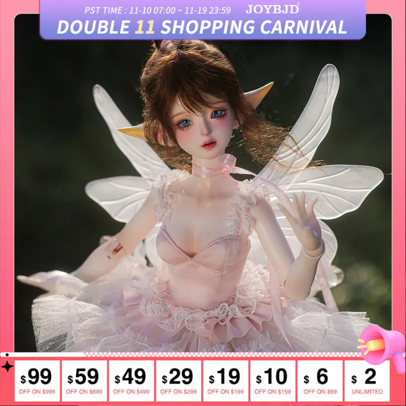 

1/4 Daphne Pink Princess BJD Doll LDS Body with Flower Magic Elf EAR Connected Transparent Wing Fairy Girll Ball Jointed Dolls