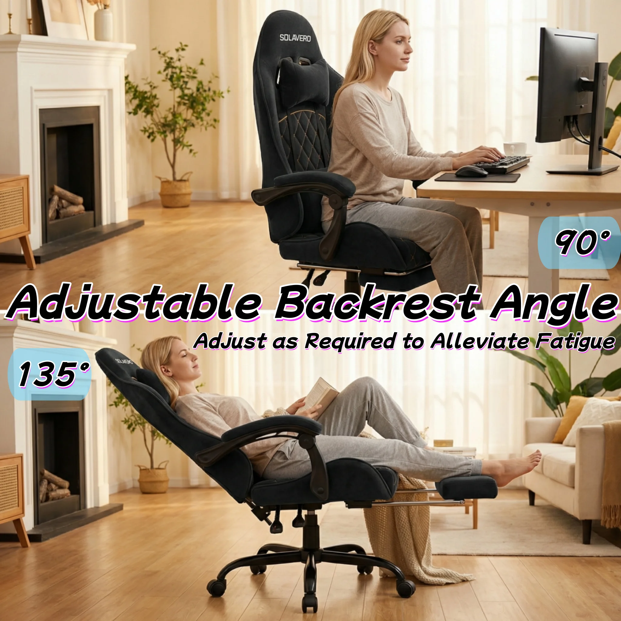 Cadeira de Massagem para Jogos, Cadeira de Escritório para Computador com Tecido Confortável, Cadeira de Jogo Ajustável em Altura com Rotação 360° ° Assento Giratório e Apoio de Cabeça