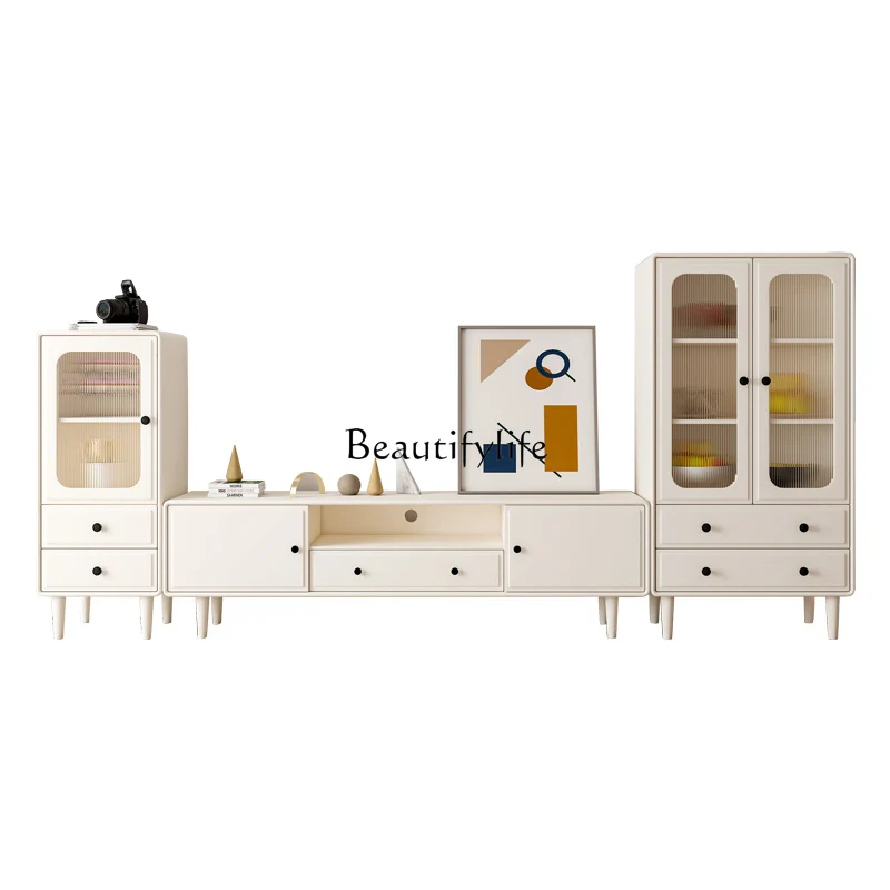

Nordic Solid Wood TV High and Low Side Cabinet Living Room Simple Modern Storage French Cream Style Small Side Cabinet