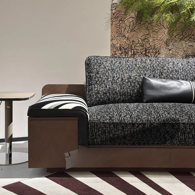 New Chinese retro medieval solid wood black and white stripes contrasting colors coarse linen straight row fabric sofa