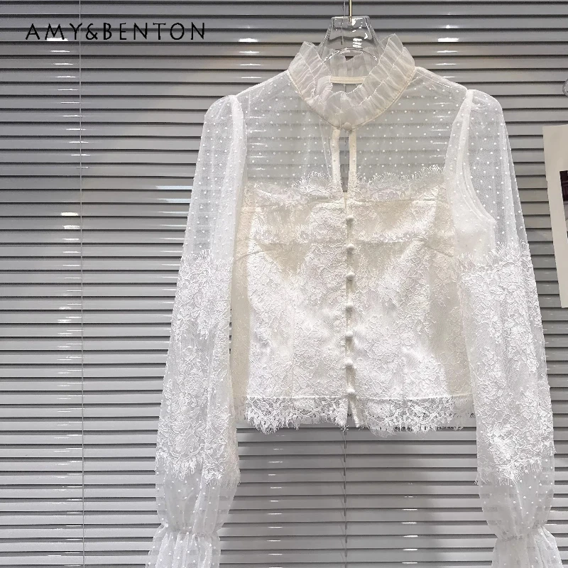 

2026 Spring New Sweet Temperament Embroidered Women's Shirt Original Design Fashion Polka Dot Mesh Splicing Lace Shirts Ladies
