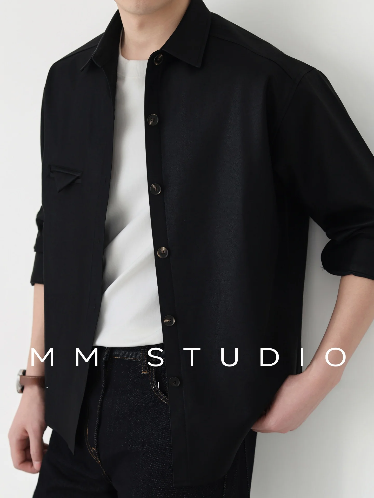 Matte Leather Long Sleeve Shirt Men's Shoulder Drop Vintage Style Buttoned Coat Spring Business Casual Loose Fit Anti-Wrinkle