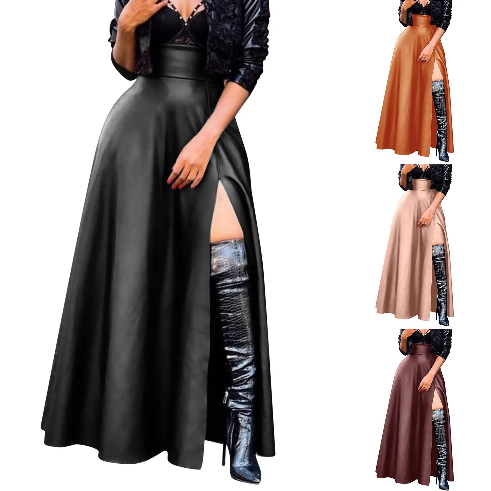 

Women High Waist Faux Solid Color Leather Skirt High Slit Flared Swing Irregular Elegant And Pretty Women'S Long Skirt Faldas