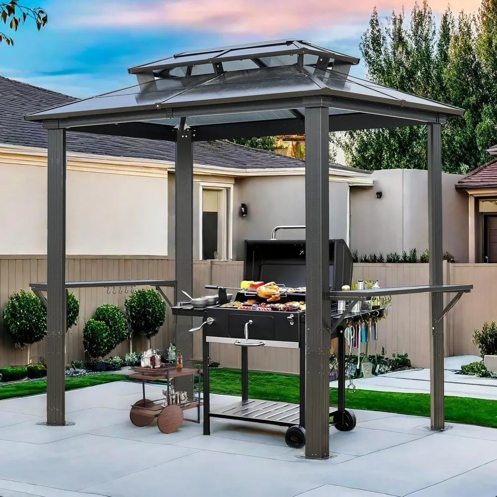 

8 x 5FT Grill Outdoor BBQ Gazebo Canopy with Metal Shelves,Outdoor Permanent Hardtop Gazebo Canopy for Patio, Garden, Backyard