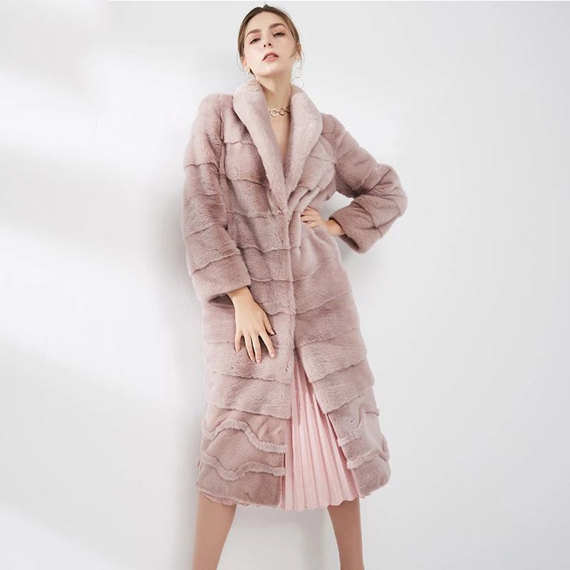 Ftangaiur جديد الشتاء استيراد المخملية معطف فرو المنك كم طويل المرأة بدوره إلى أسفل طوق لون نقي X-طويلة معاطف فرو المنك الطبيعي