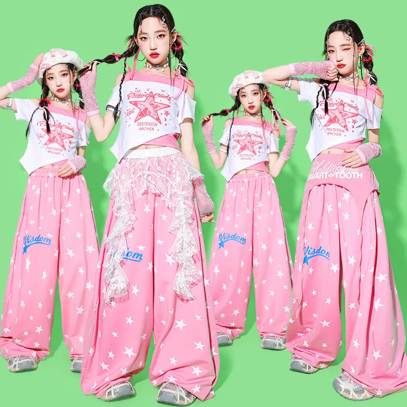 

2026 New Jazz Dance Clothes Girl Kpop Performance Costume Kid Hip Hop Street Dance Stage Wear Fashion Crop Top Pink Pants 3879