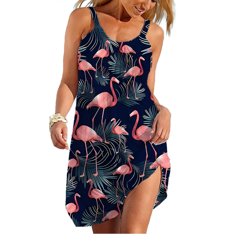 Summer New 3D Printed Flamingo Beach Dress Hawaiian Sexy Dress with Backstrap Sleeves Loose Casual Home Women\'s Clothing