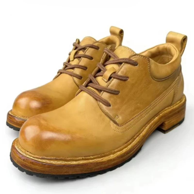 Men's Business Casual Shoes Genuine Leather Big Head Height-increasing Shoe Retro Washed Horse Leather Hand-sewn Derby Shoes for