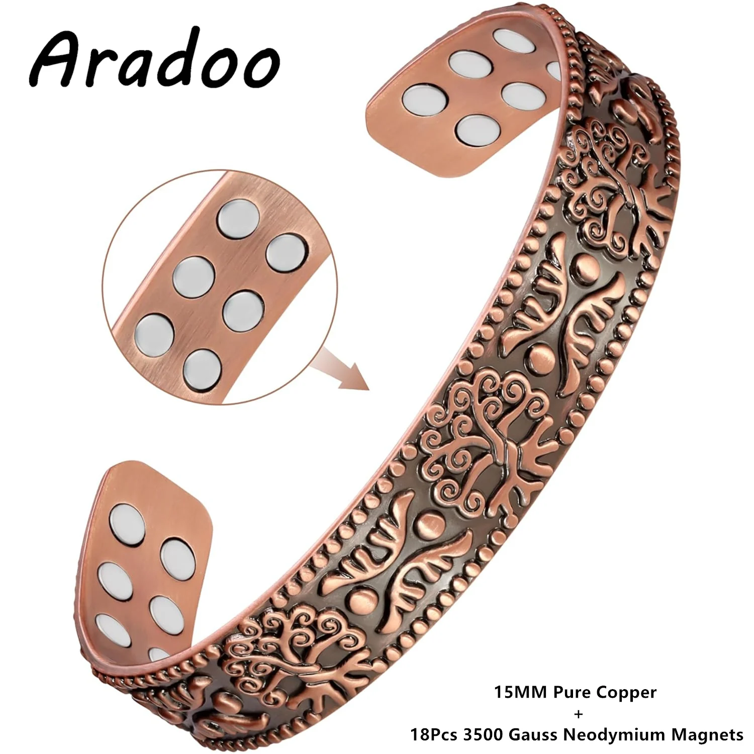 ARADOO Armband aus reinem Kupfer für Männer und Frauen, elegantes Muster-Design, Manschettenarmreif, Schmuck, Geschenke