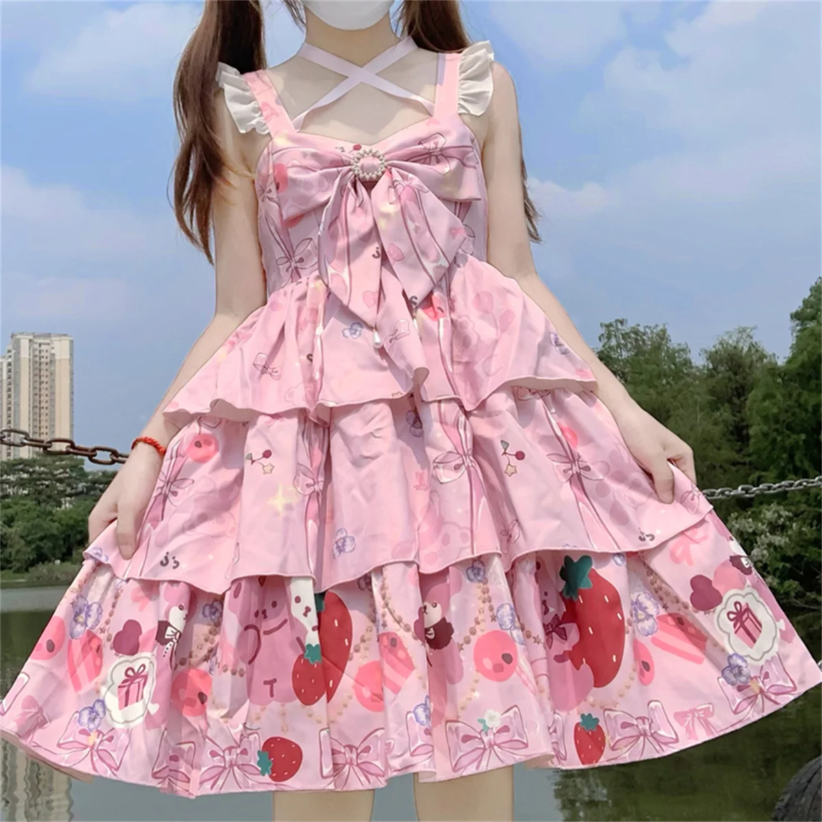 JSK – robe à volants pour filles, Style japonais, douce, Cosplay, Lolita Kawaii, Loli, imprimé fraise, ours, gâteau, cadeau, nœud de perle