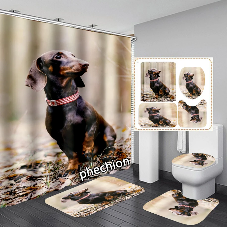 phechion Animal Dachshund Art 3D Print Waterproof Bathroom Shower Curtains Toilet Cover Mat Non-Slip Floor Mat (1/3/4Pcs) W89