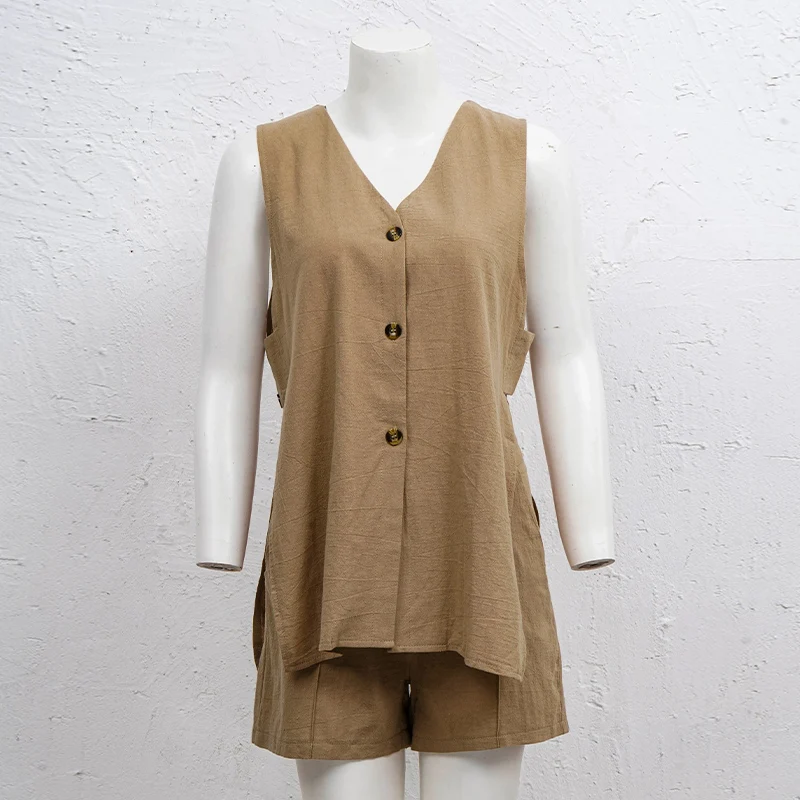2026 New 100% Cotton Women Suits 2 Pieces Sets V Neck Sleeveless Buttons Vest Blazer+High Waist Shorts Lady Office Tracksuit