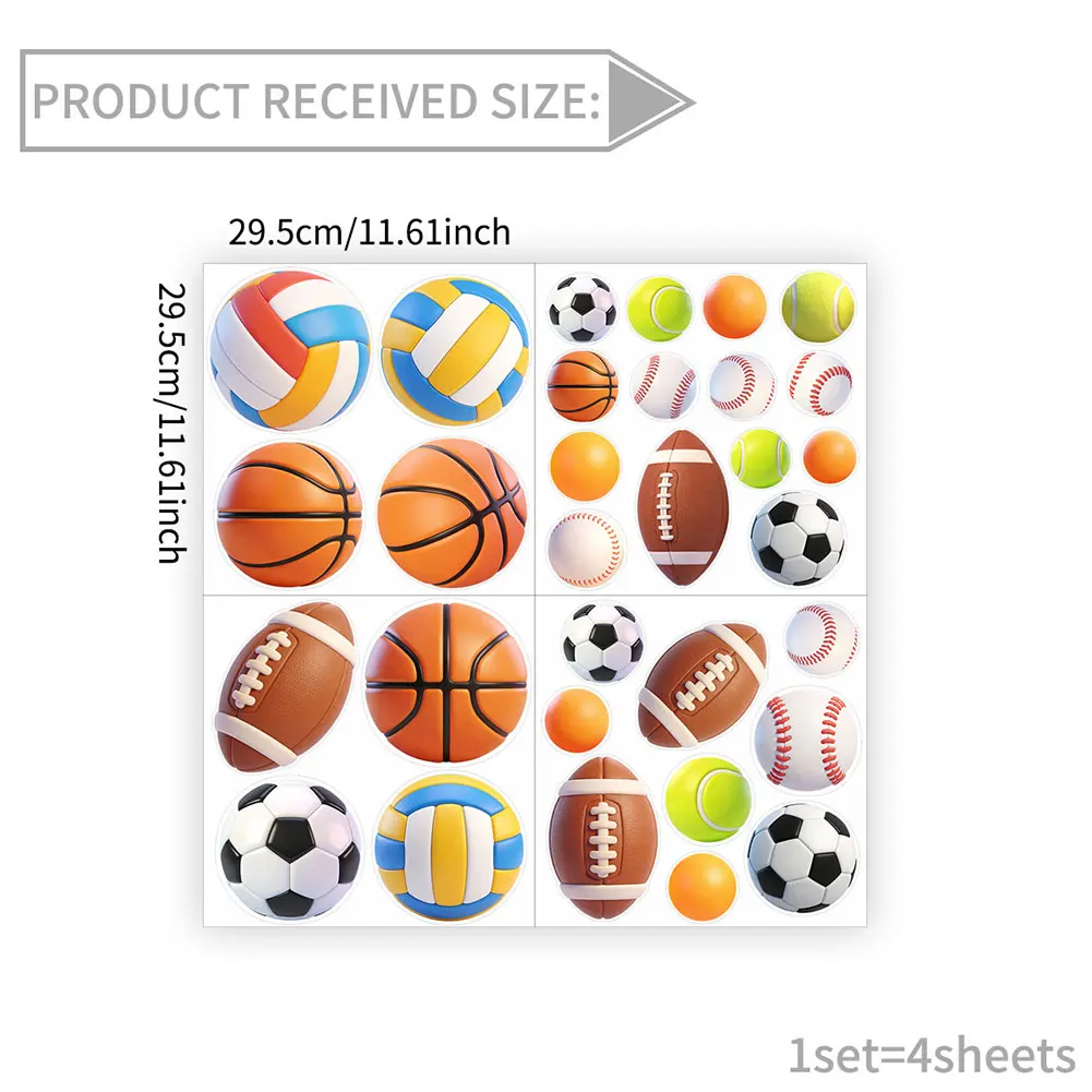 Sports-Themed PVC Wall Stickers Set of 4 with Basketball and Football for Room Bedroom Playroom Living Area Decoration