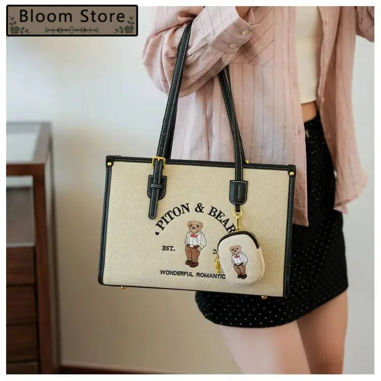 

Bloom Haruku Bear Cute Tote Bag Women Vintage Embroidery Chic Casual Shoulder Bags Ladies Retro Large Capacity Handbag New