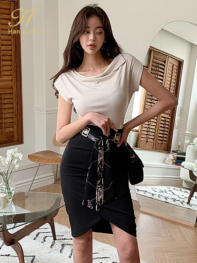 H Han Queen Women Elegant Fashion New 2 Pieces Set Simple T-Shirts Tops & Irregular Sheath Pencil Skirt Korean Simple Skirt Suit