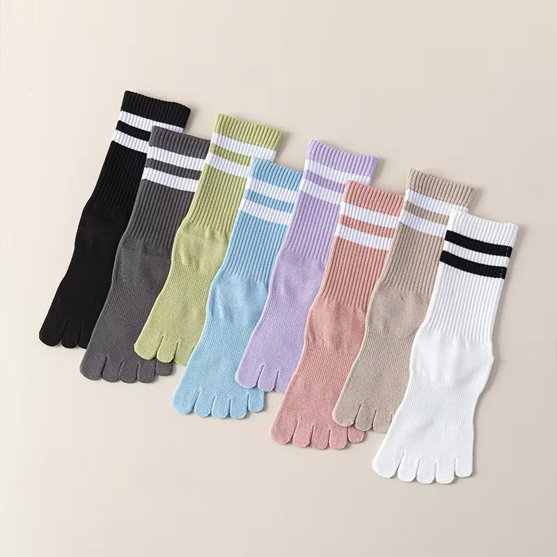 5 Pairs Women's Pure Cotton Five-Toe Yoga Socks Double Striped Crew Socks High-Elasticity Toe Athletic Socks for Pilates