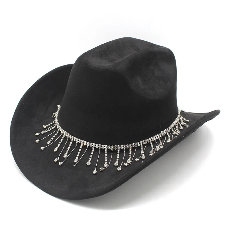 Women's Cowboy Hat with Fringed Strap and Decorative Diamonds Seasonless Wide Brim Hat (57-58cm)