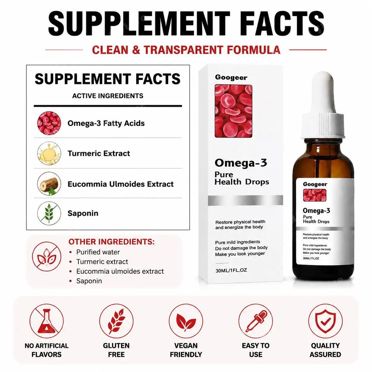 Googeer Omega-3 Turmeric Eucommia Saponin Liquid Drops 30ml Plant Based Vegan Non-GMO Botanical Extract Daily Wellness Support