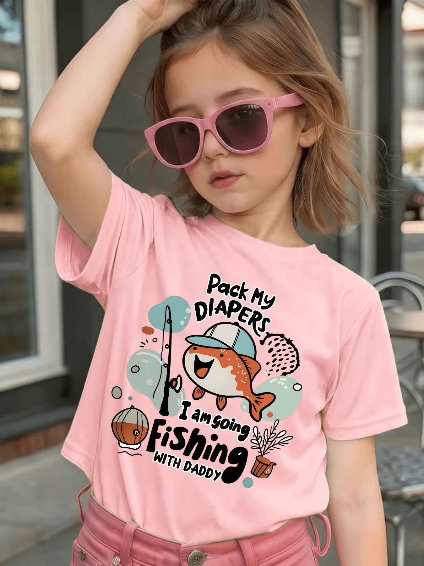 Cute Fishing With Daddy Cartoon Graphic Kids Tee Boys Girls Family Matching Cotton Crew Neck Short Sleeve Soft Casual Summer Tee