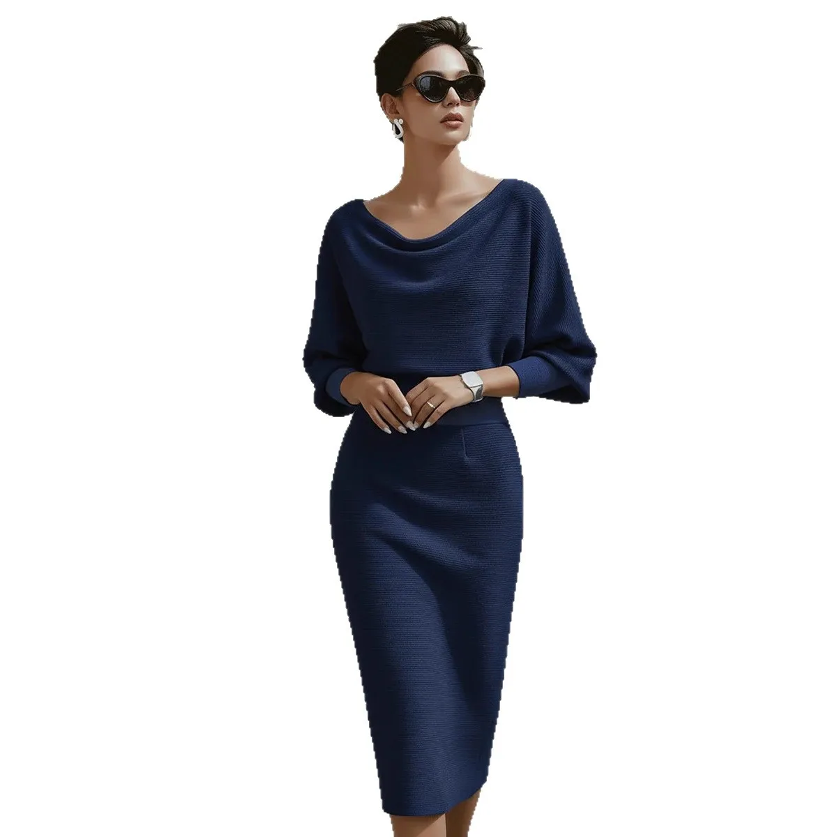 Spring Women's Elegant Dress High Waist O-neck 7-quarter Sleeves Slim Fashion Simple Office Solid Color Female Mid-length Skirt