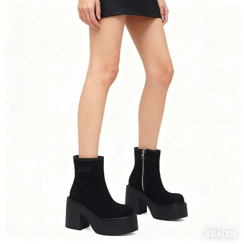 

2026 New Women's Platform Boots Autumn Suede Fashion Ankle Boots Elastic Slip on Woman Shoes Casual Solid Chunky High Heel Boots