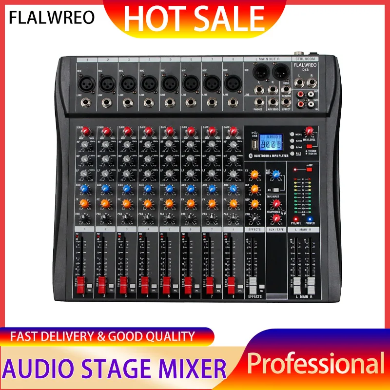 

FLALWREO Audio Mixer 8Channels Professional DJ mixer LR microphone/line input, AUX,FX processor MP3, headphones, +48V Phantom