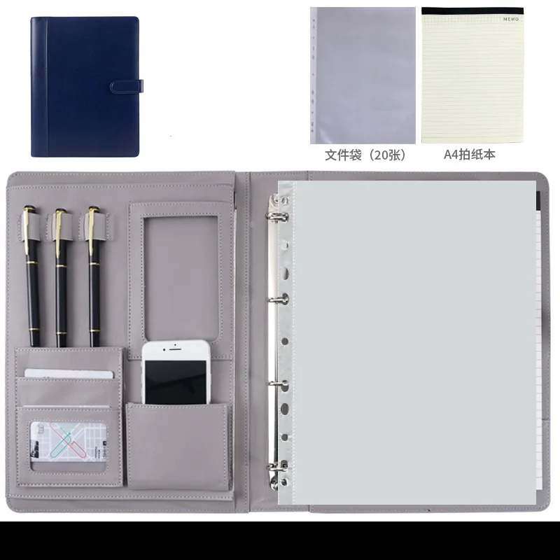 A4 หนังแฟ้มโฟลเดอร์สํานักงานธุรกิจ Binder เอกสารหน้าโฟลเดอร์เครื่องคิดเลขปากกากระเป๋าตรวจสอบผู้ถือจัดเก็บ