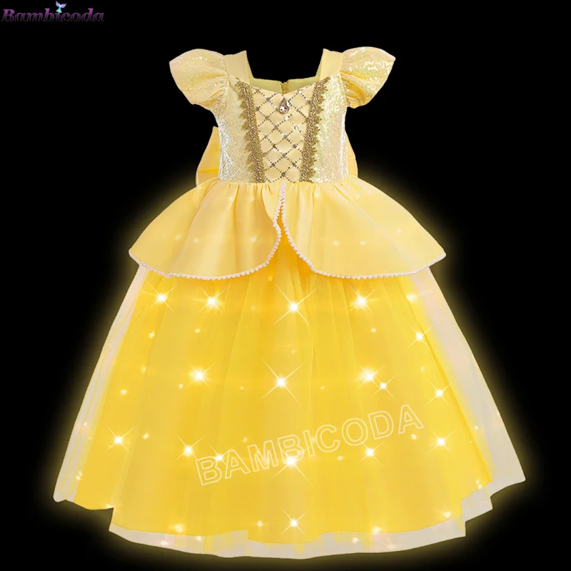 2025 princesa brillante Rapunzel Elza Belle melocotón disfraz de cuento de hadas niños Halloween Cosplay vestido LED niñas fiesta vestido iluminado