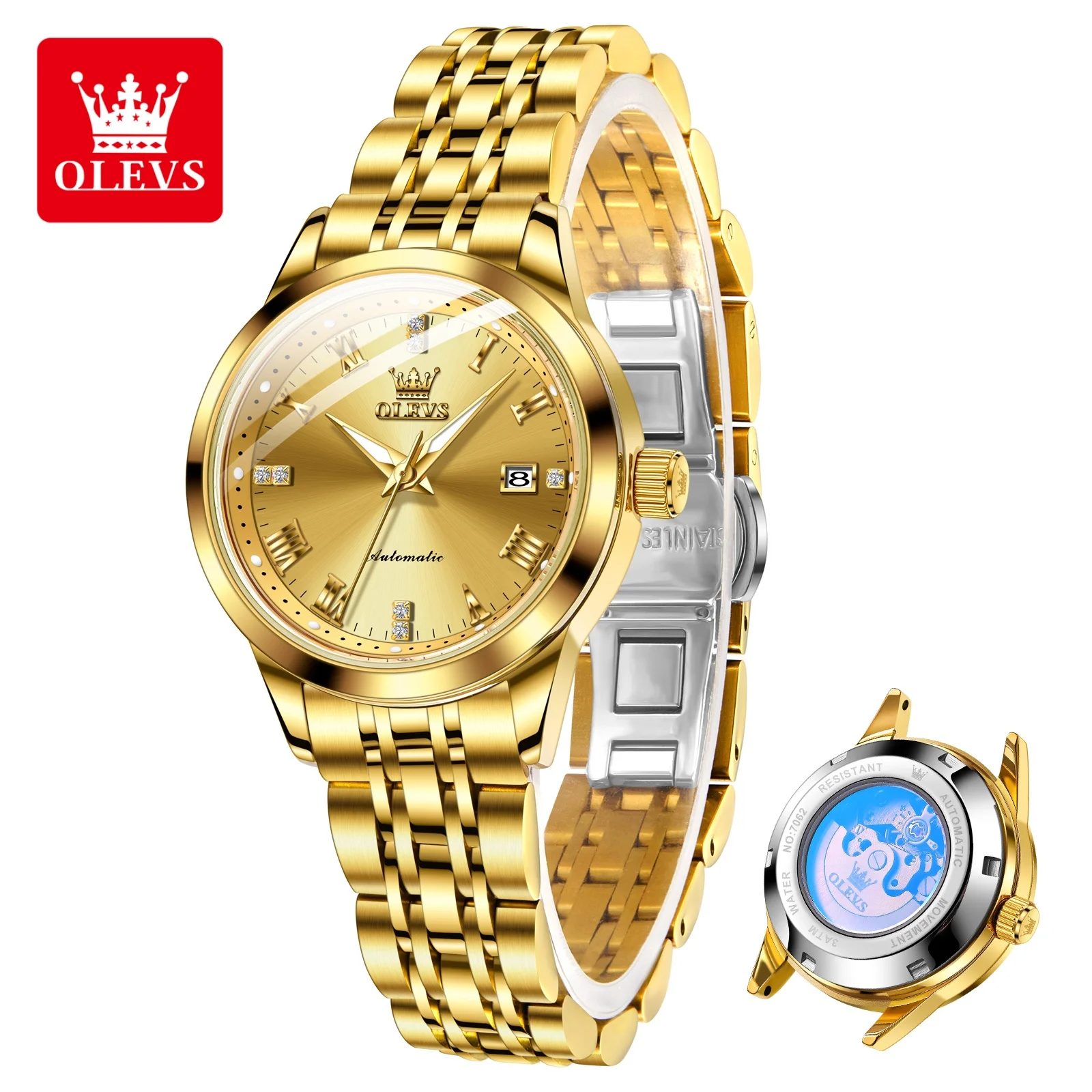 

Часы OLEVS, роскошные женские элегантные механические часы, водонепроницаемые светящиеся часы из нержавеющей стали для женщин, подарочная коробка Reloj 7062