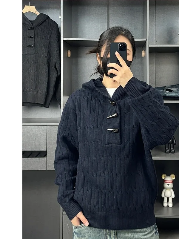 

Laid-ba American Sle f Open Cardigan Sweater Men's Cleanfit Tweed Pattern Hood Knitted Outerwear Trendy Long Sve Ca...