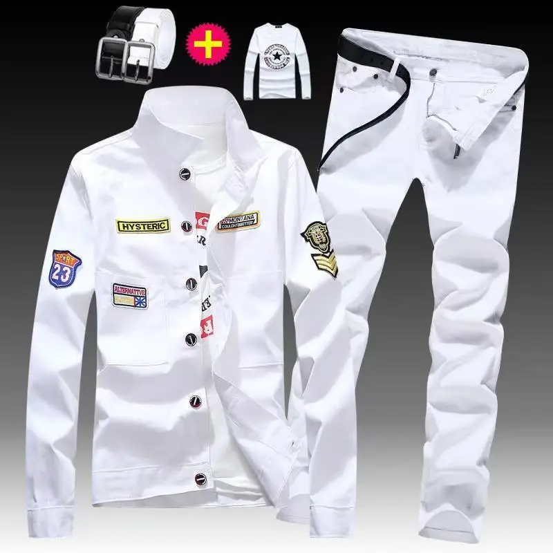 Primavera otoño chaqueta vaquera para hombre + conjunto de pantalones vaqueros moda abrigo de un solo pecho pantalones traje de mezclilla de dos piezas conjuntos de vaquero