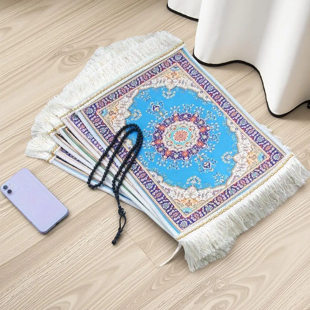 2-teiliges Set Kleiner Tragbarer Gebetsteppich mit Muslimischen Gebetsperlen 30cm X 40cm Eisseide Matte mit Schnalle Muslimischer Islamischer Bestickter Teppich – Detail 2