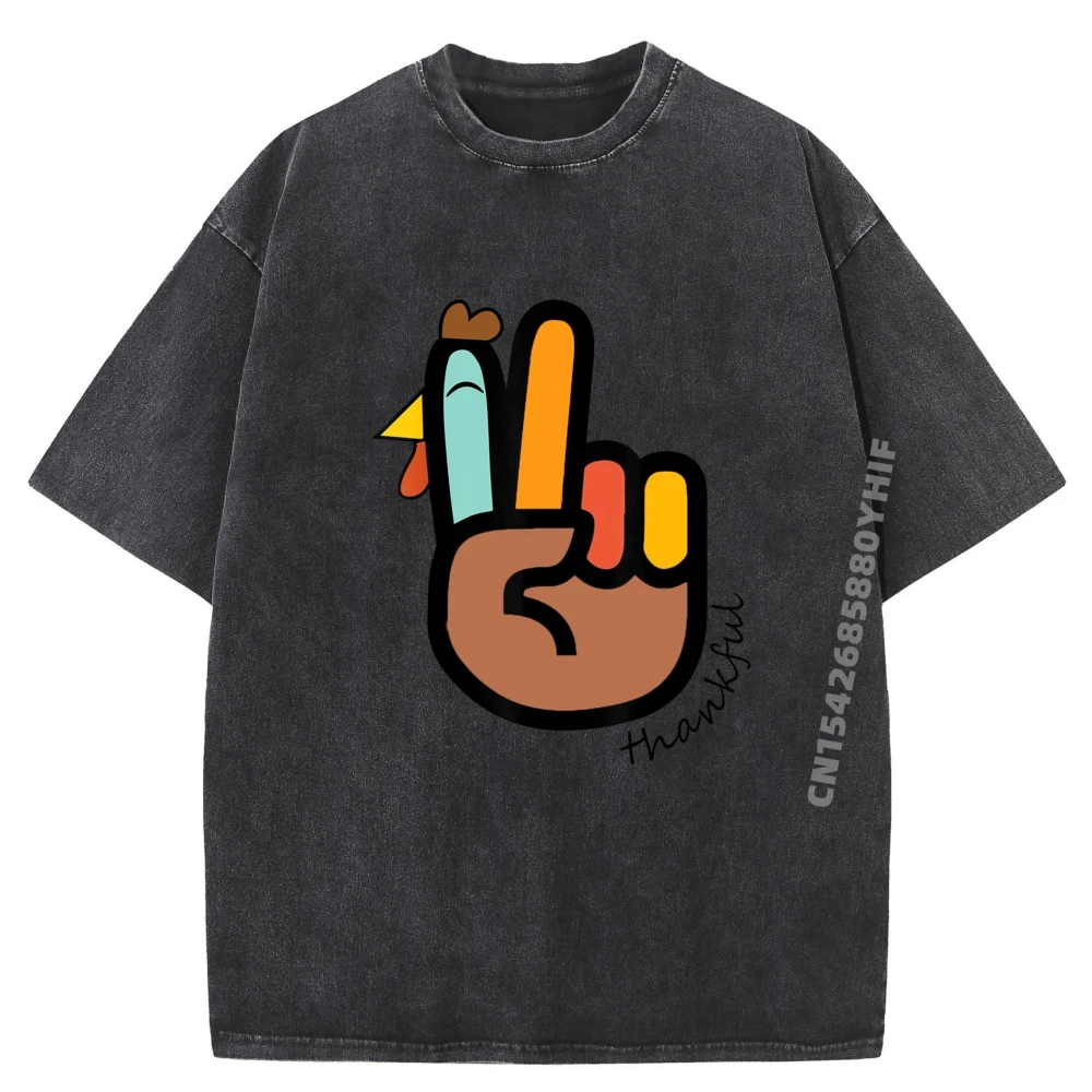 

Peace Sign Turkey Thankful Hand Cool Thanksgiving Hippie Black Graphic T Shirts Men's Clothes Loose Washed Tops
