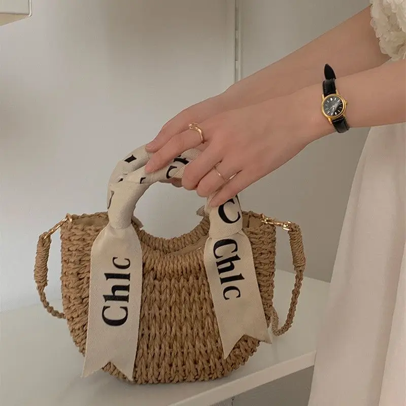 Bolso tejido de paja para mujer, bandolera con bufanda y letras, versátil, ideal para vacaciones en la playa, novedad de verano