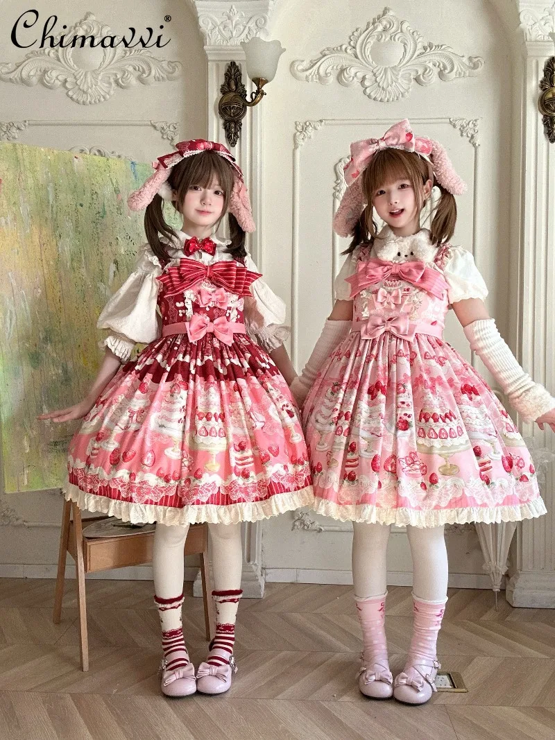 

Original Lolita Strawberry Cake Lolita Dress Spring Summer New Sweet Cartoon Print Cute Bowknot Daily Lolita Dress for Women