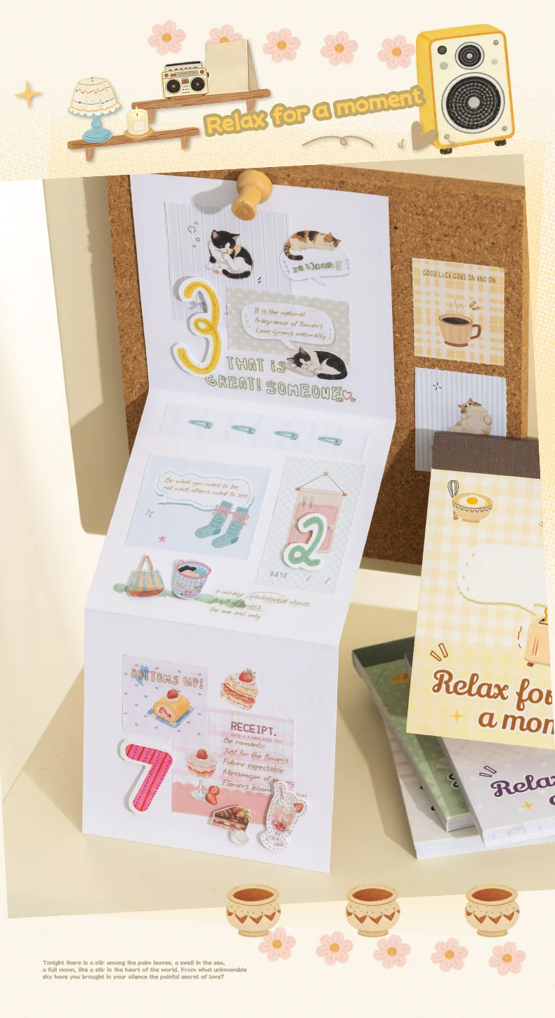 Journal GOo 30 Stück Relax for A Moment Niedliche Freizeit-Lebenssituationen Katze Kaffee Kuchen Landschaft Aufkleberbuch DIY Journal Scrapbooking Material – Detail 3