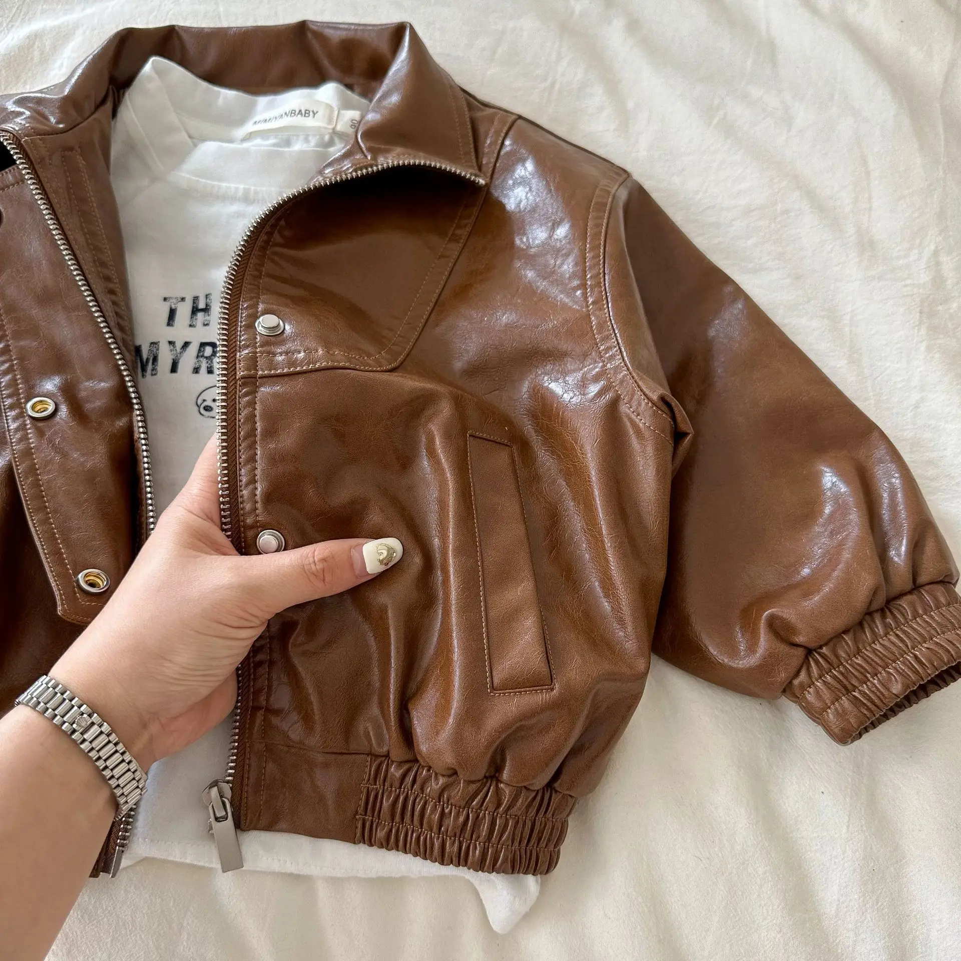 Children's outerwear 2023 autumn boys and girls retro zippered leather jacket baby Korean  leather jackeT