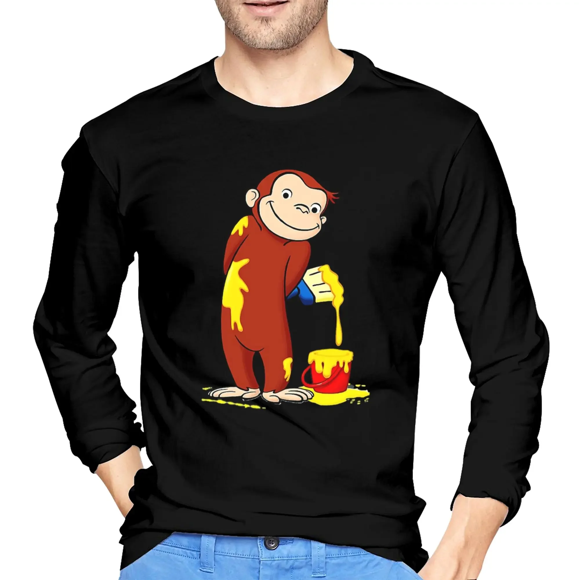 

Curious George Men's Long Sleeved T-shirt Fashion Round Neck T shirts Spring and Autumn Men tops