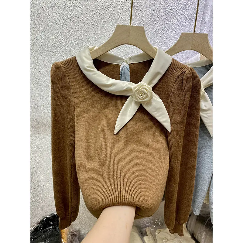 Female Simplicity Patchwork Knitting Pullovers Autumn Winter Slim Bottoming Shirt Sweater Long Sleeve Top Tee Women Clothing