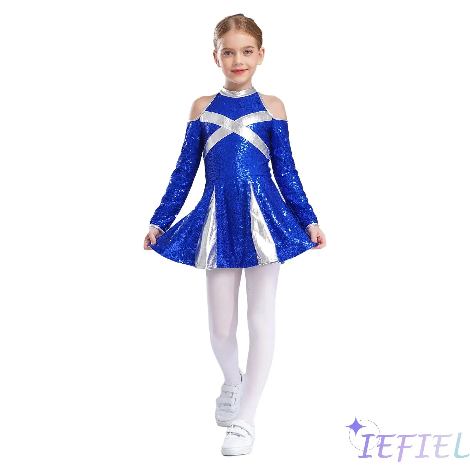 

Kids Girls Cheerleading Performance Costume Cold Shoulder Long Sleeve Keyhole Back Color Block Sequins Dress Ballet Dancewear