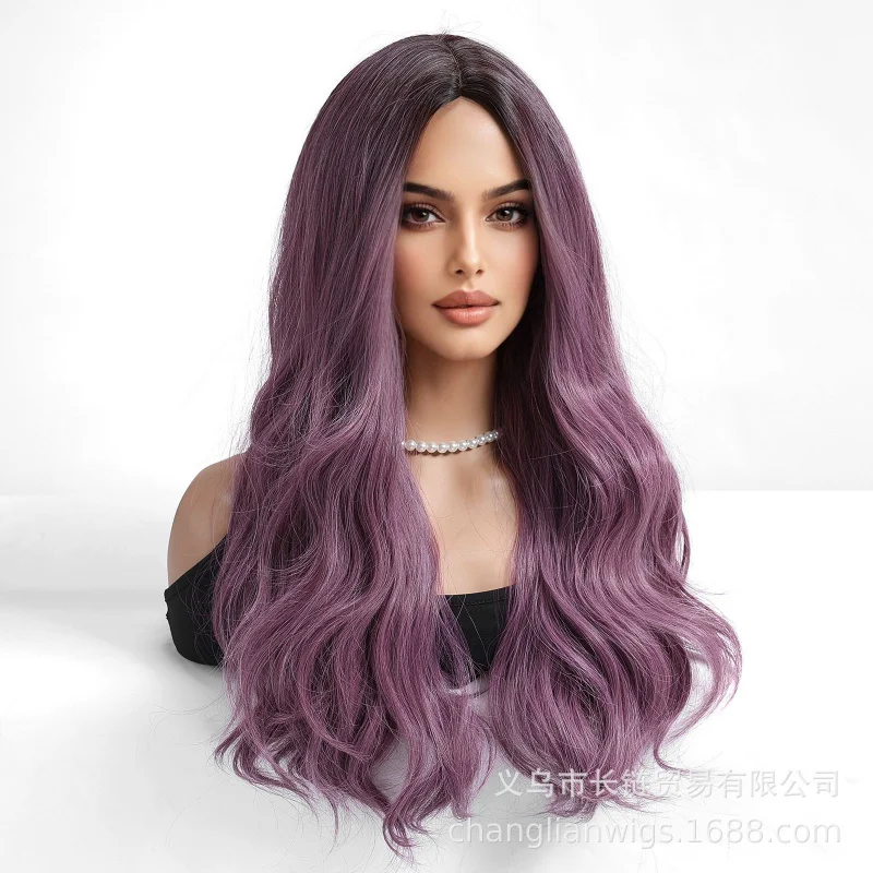 

Synthetic fiber , European and American fashion, mixed purple, large waves, women's middle-parted, realistic full-head wig, m