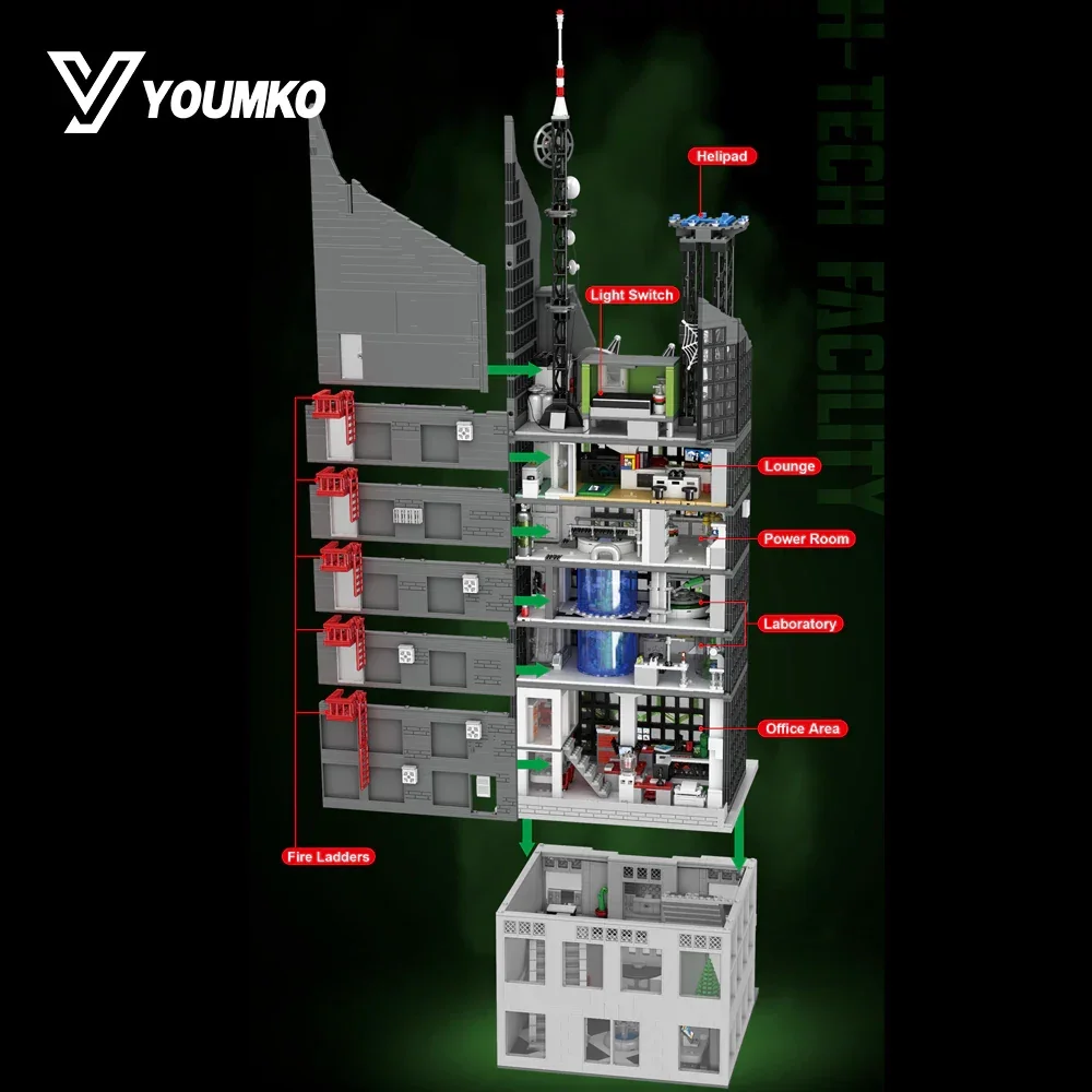 6375 ELEMENTÓW MOC Oscorps House Klocki Konstrukcyjne Filmowa Klasyczna Czarna Wieża Model Architektoniczny ze Światłem Zabawki do Samodzielnego Montażu Prezent dla Dorosłych
