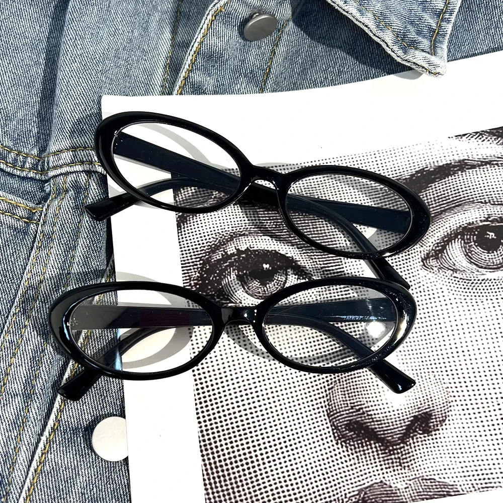 Black Oval Frame Glasses Women Y2K Girls Retro Narrow Spectacles Vintage Computer Reading Goggles Anti-Blue Light Eyewears