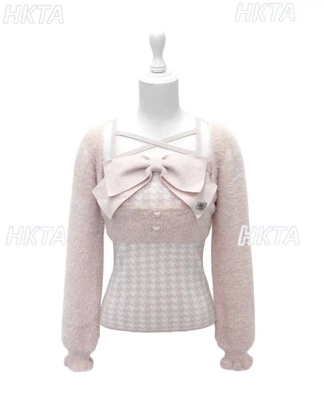 

Japanese Sweet Lolita Waist Thousand Bird Grid Bow Black Short Suspender Top Plush Long Sleeve Sweater Knitted Pullovers Women