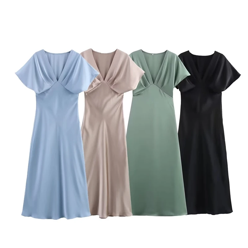 

2025 Woman Fashion Silk Texture Midi Dress Casual Slim Short Sleeve V Neck Midi Long Dresses Vestidos Mujer
