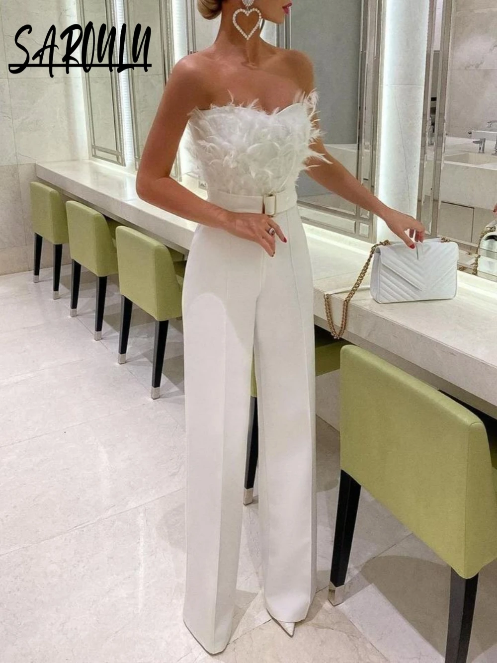 

Elegant Jumpsuits With Feathers Sexy Fashionable Strapless Women Wear For Birthday Dancing Party Banquet Celebrity Prom Gown