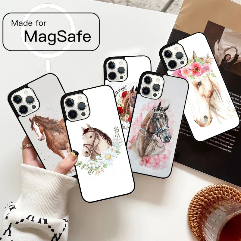 Casing Ponsel Magnetik Motif Kuda, Bunga, dan Cat Air untuk iPhone 17 Air 16e 12 13 14 15 Pro Max, Penutup Nirkabel Magsafe